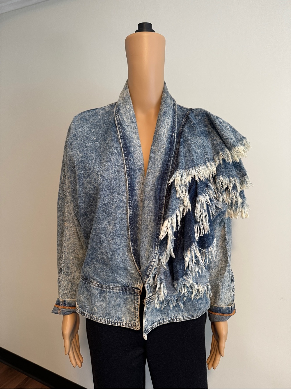 Vintage 80’s Simply Barbara Fringed Acid Wash Denim Jacket - Blue/White
